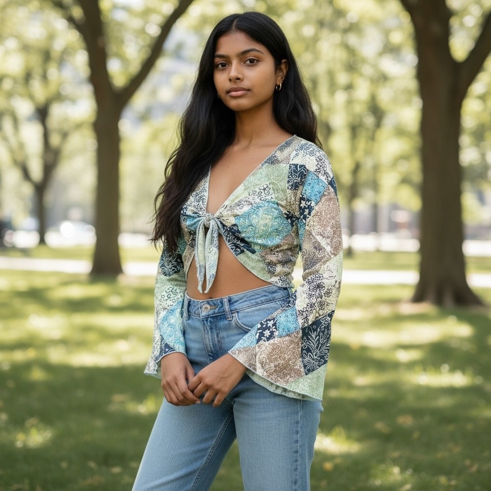 Zoey Beth Womens Patchwork Tie Front Bell Sleeve Crop Top Blue Green Large